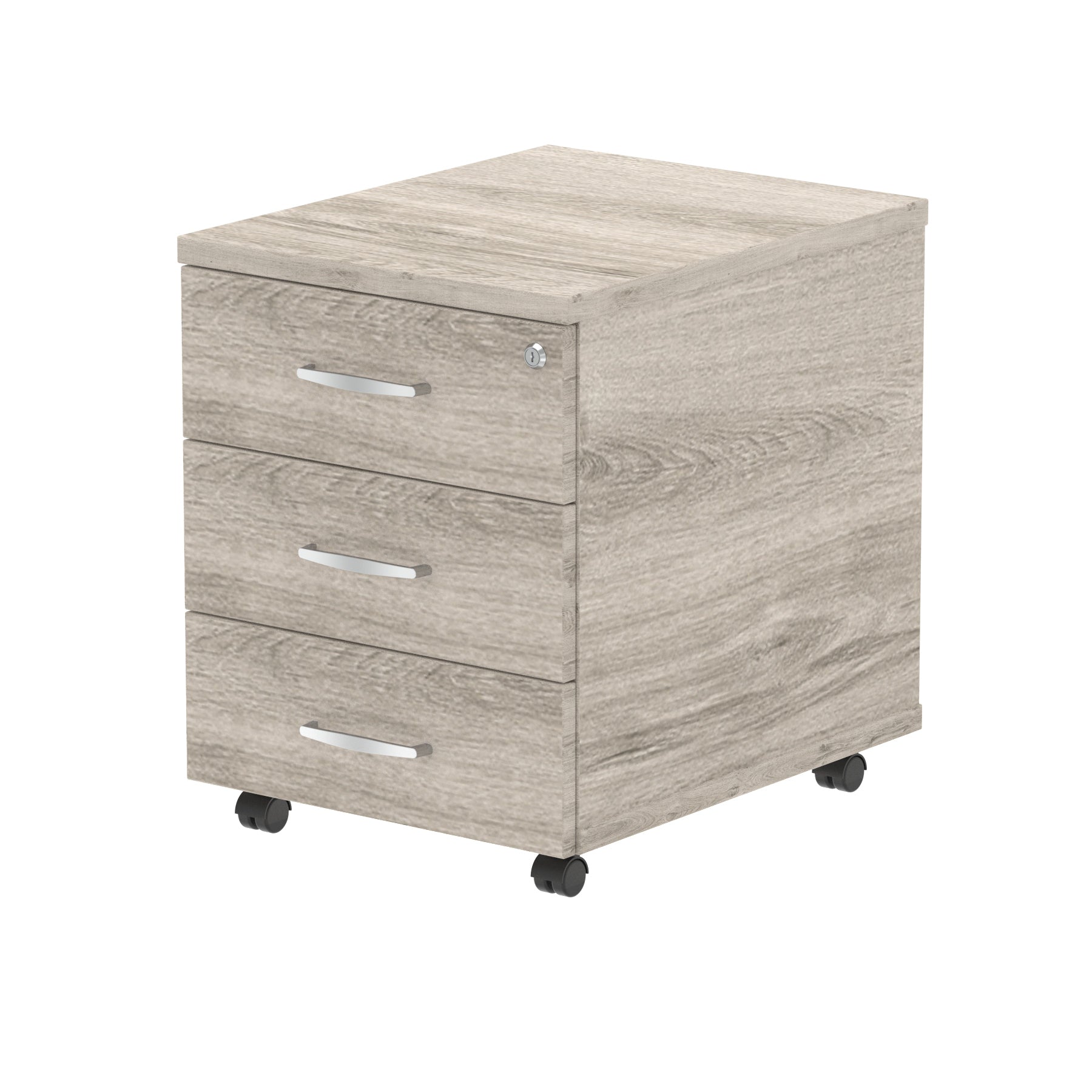 Grey wood-effect file cabinet with three drawers on wheels against a white background