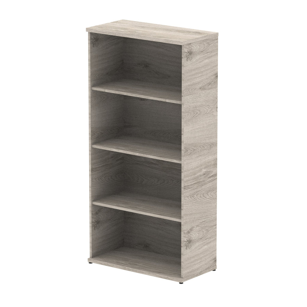 Wood-effect bookshelf with three shelves on a white background