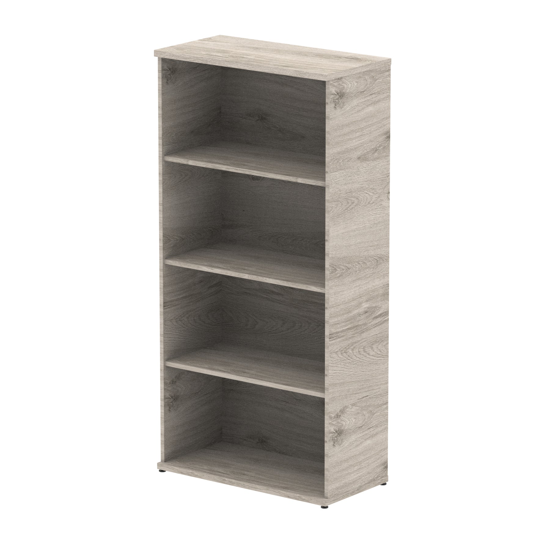 Wood-effect bookshelf with three shelves on a white background