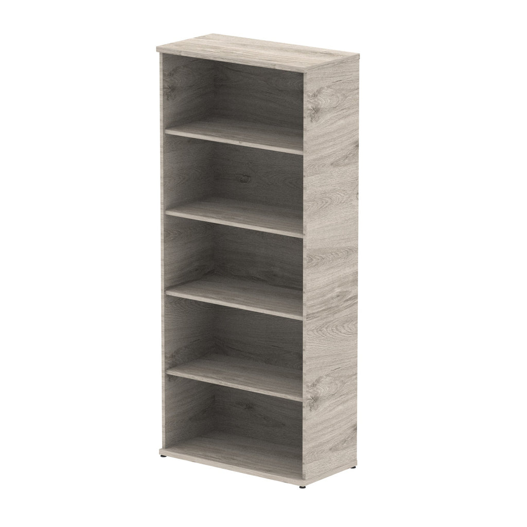 Wood-effect bookshelf with four shelves on a white background