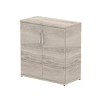 Grey wood-effect cabinet with two doors on a white background