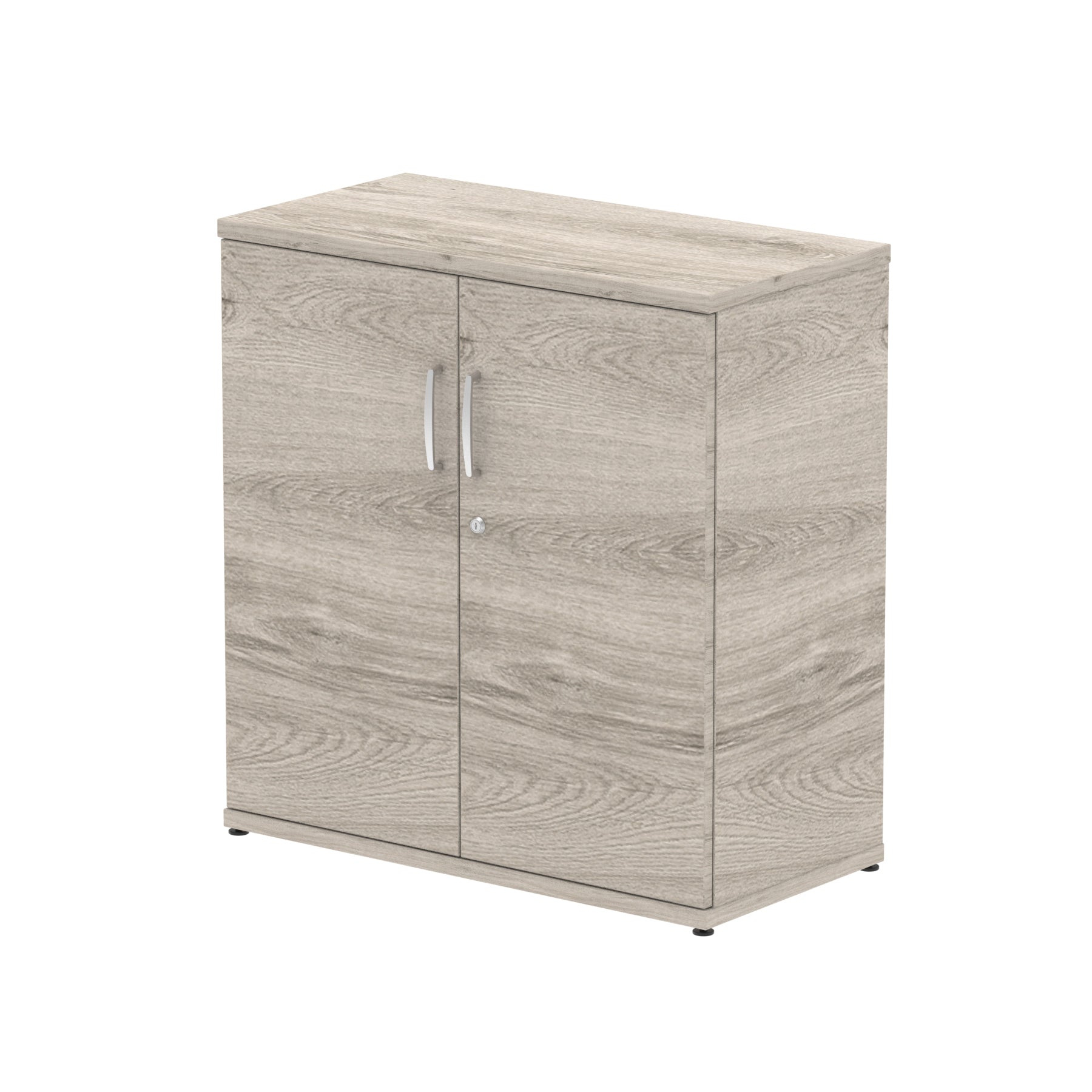 Grey wood-effect cabinet with two doors on a white background