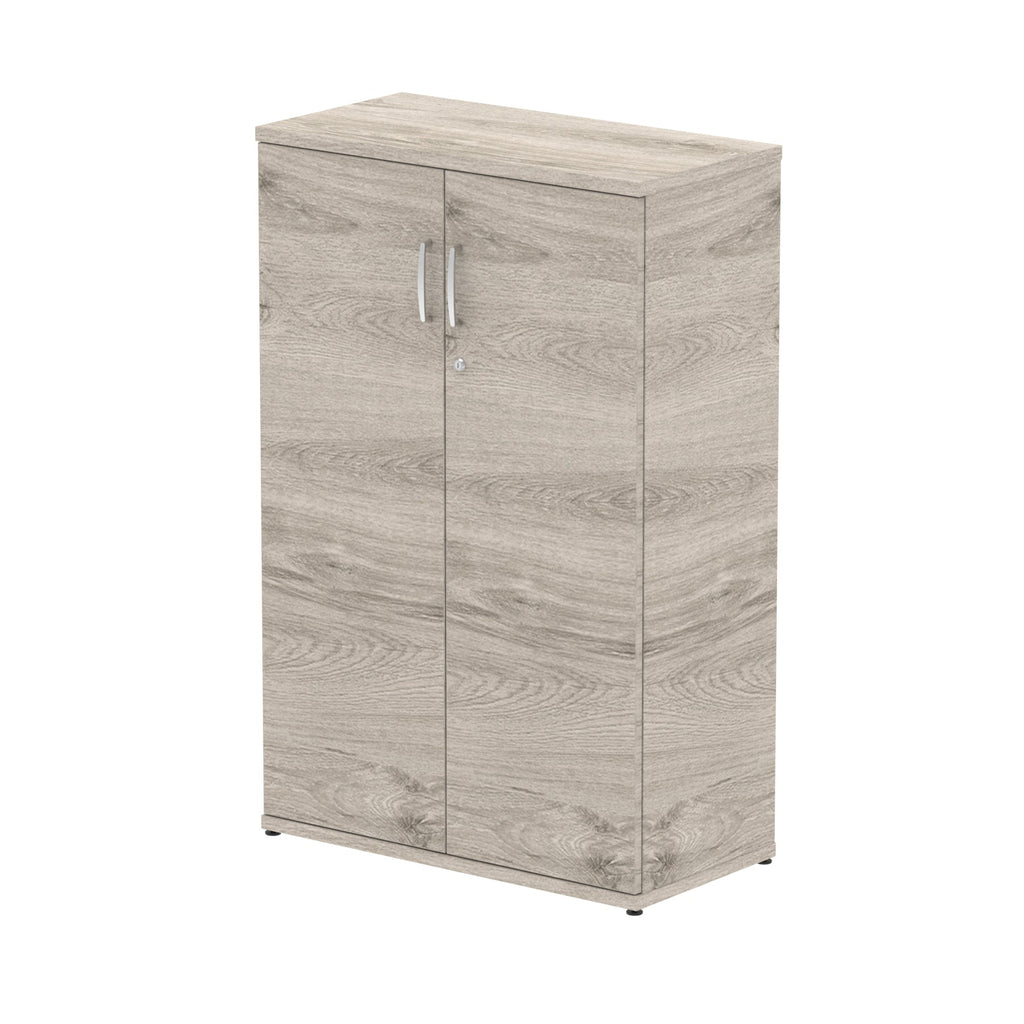 Grey wood-effect cabinet with two doors on a white background