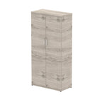 Grey wood-effect cabinet with two doors on a white background