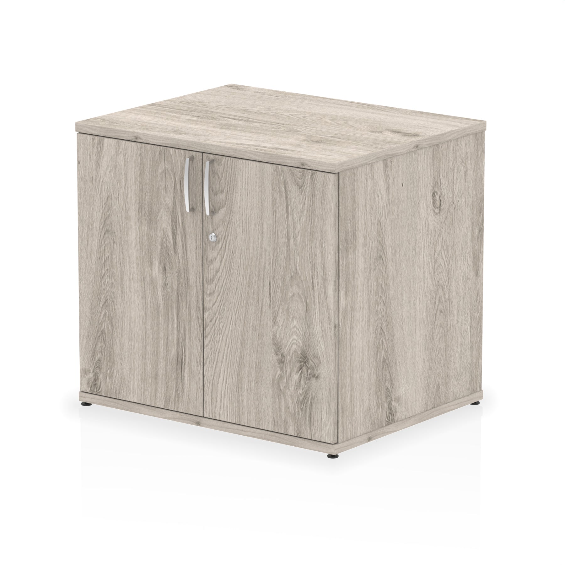 Grey wood-effect cabinet with two doors on a white background