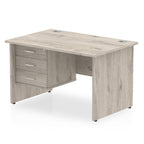 Grey wood-effect office desk with fixed pedestal on a white background 