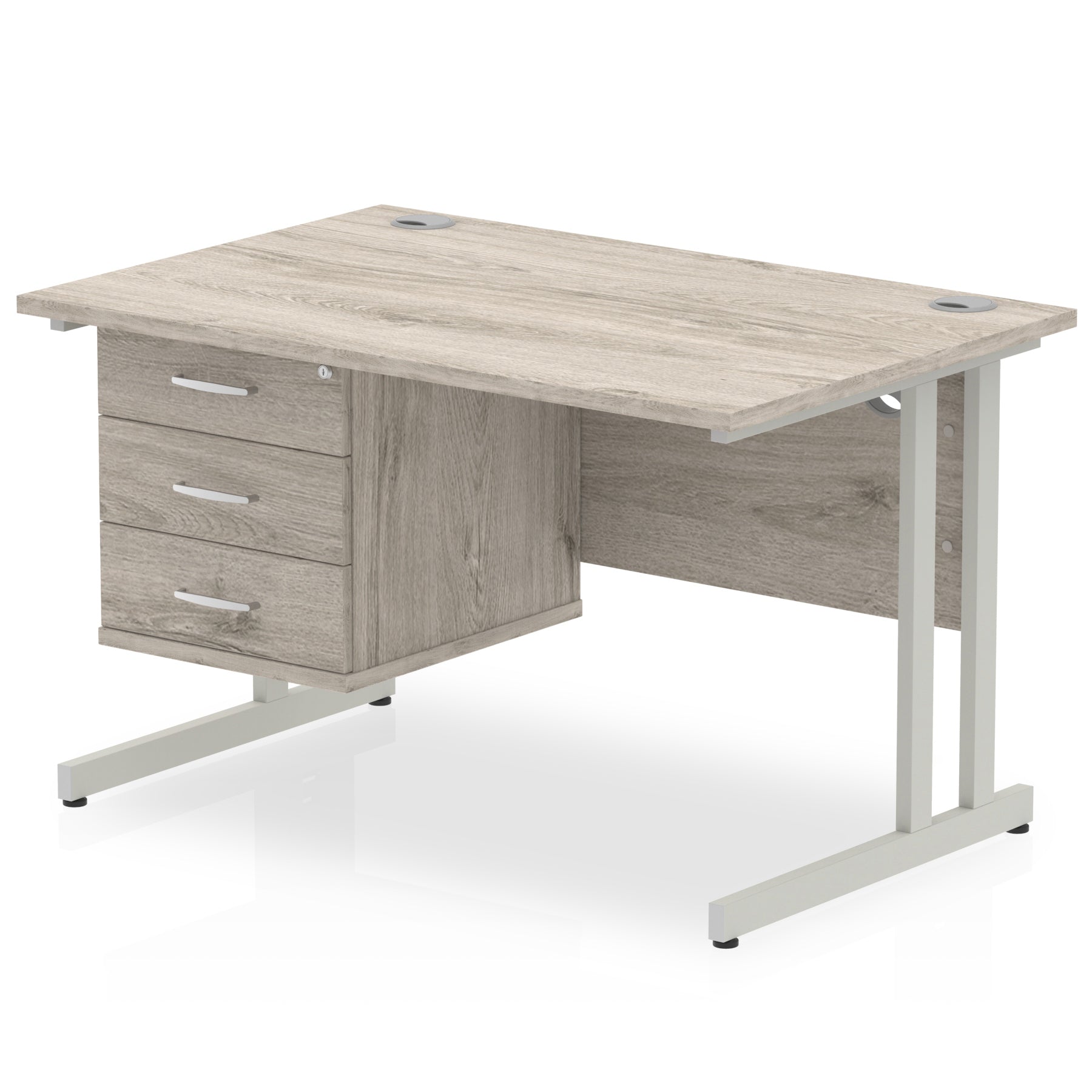 Office desk with grey wood-effect top and fixed pedestal with metal frame on a white background 