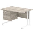 Office desk with grey wood-effect top and fixed pedestal with metal frame on a white background 