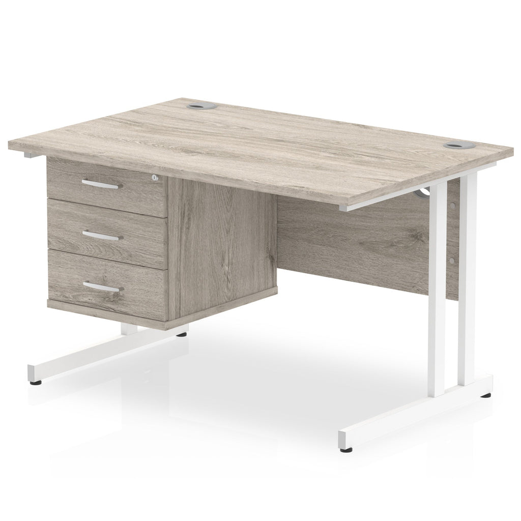 Office desk with wood-effect top and fixed pedestal with metal frame on a white background 