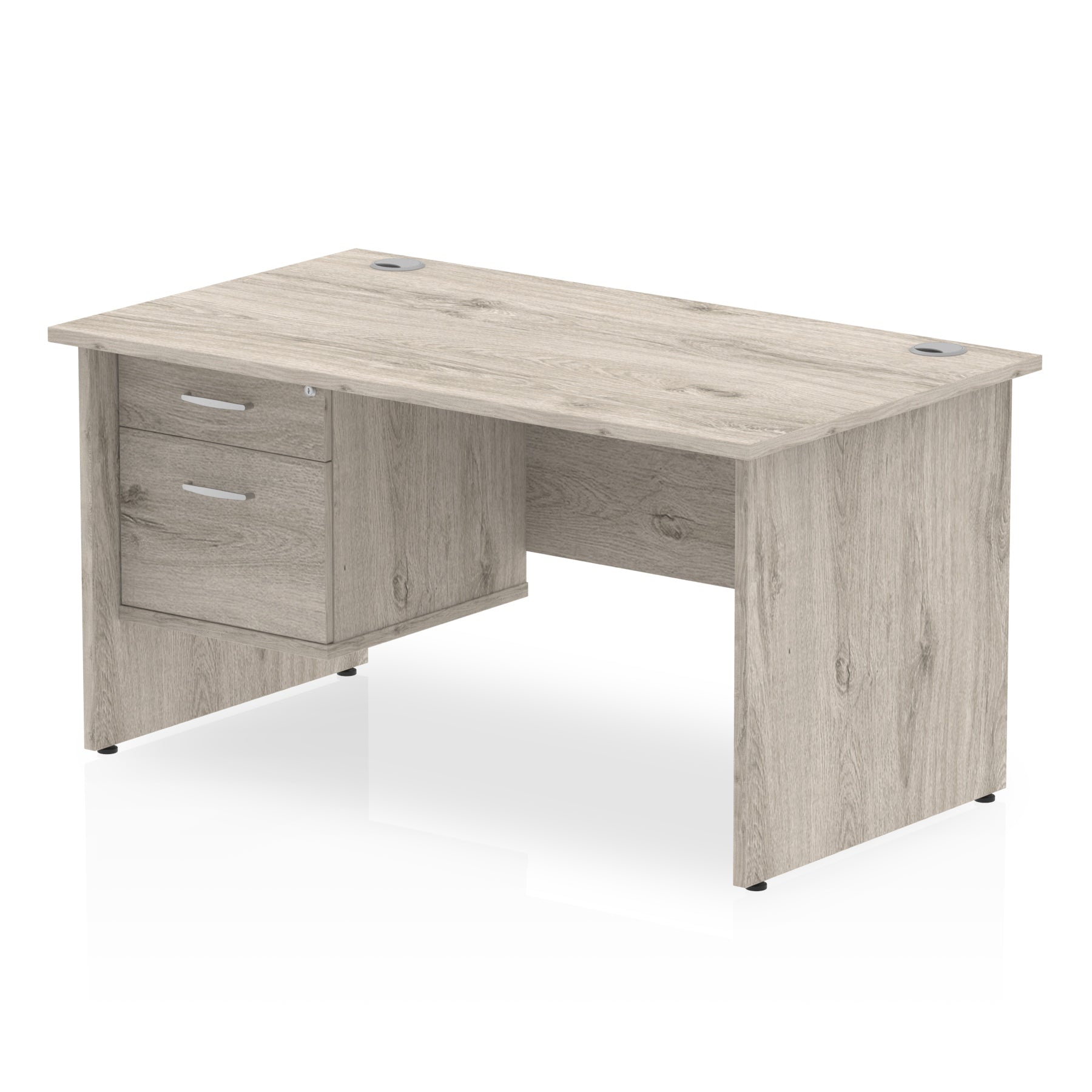 Light wood-effect office desk with drawers on a white background