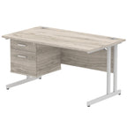 Grey wood-effect office desk with fixed pedestal and metal legs on a white background