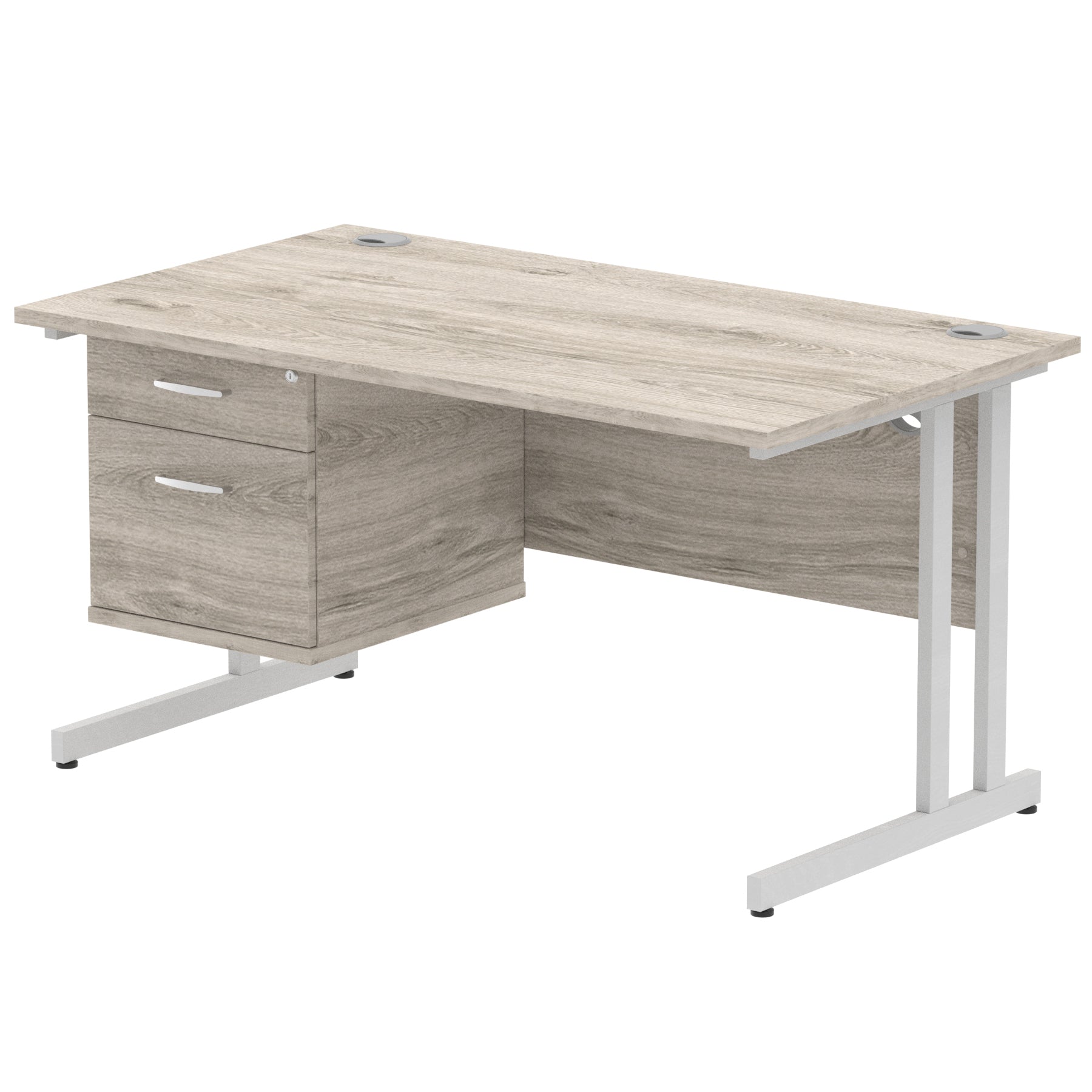 Grey wood-effect office desk with fixed pedestal and metal legs on a white background