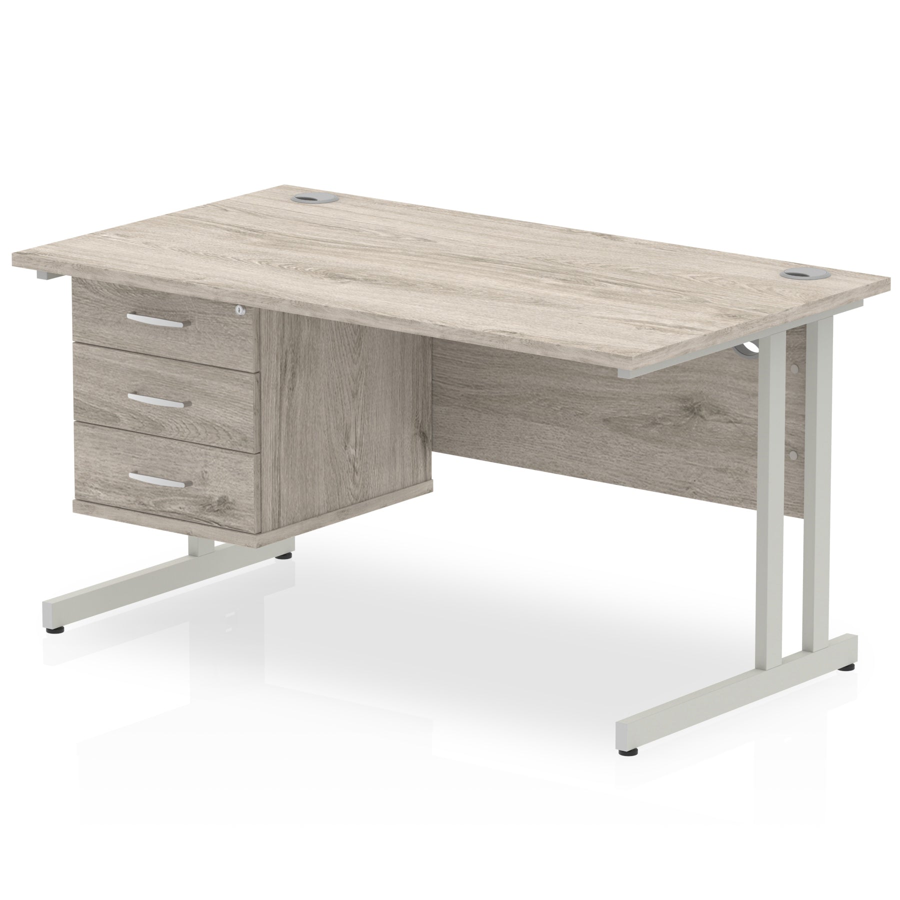 Grey wood-effect office desk with fixed pedestal and metal legs on a white background