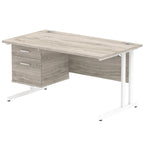 Grey wood-effect office desk with fixed pedestal and metal legs on a white background