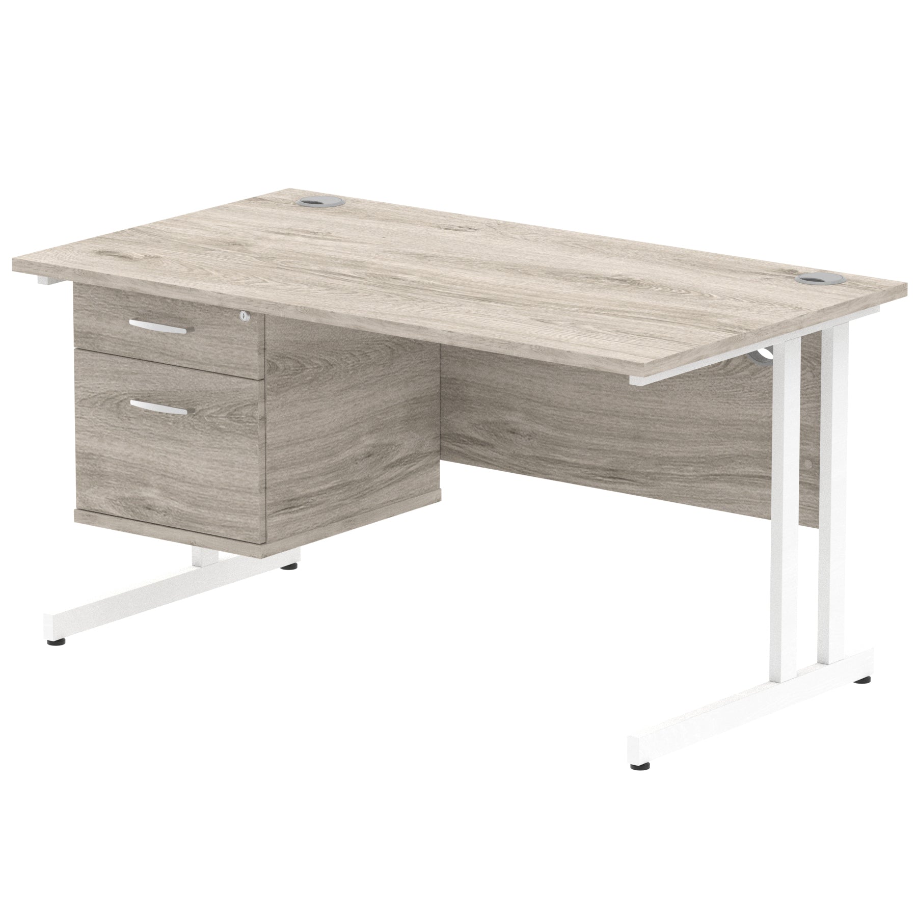 Grey wood-effect office desk with fixed pedestal and metal legs on a white background