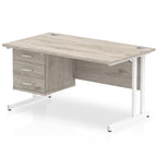 Grey wood-effect office desk with fixed pedestal and metal legs on a white background