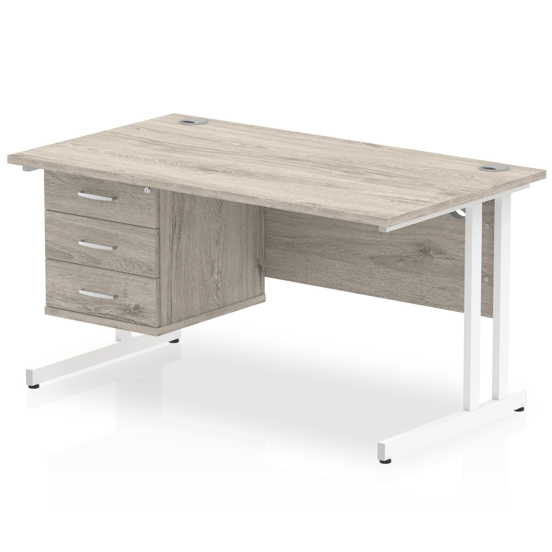 Grey wood-effect office desk with fixed pedestal and metal legs on a white background