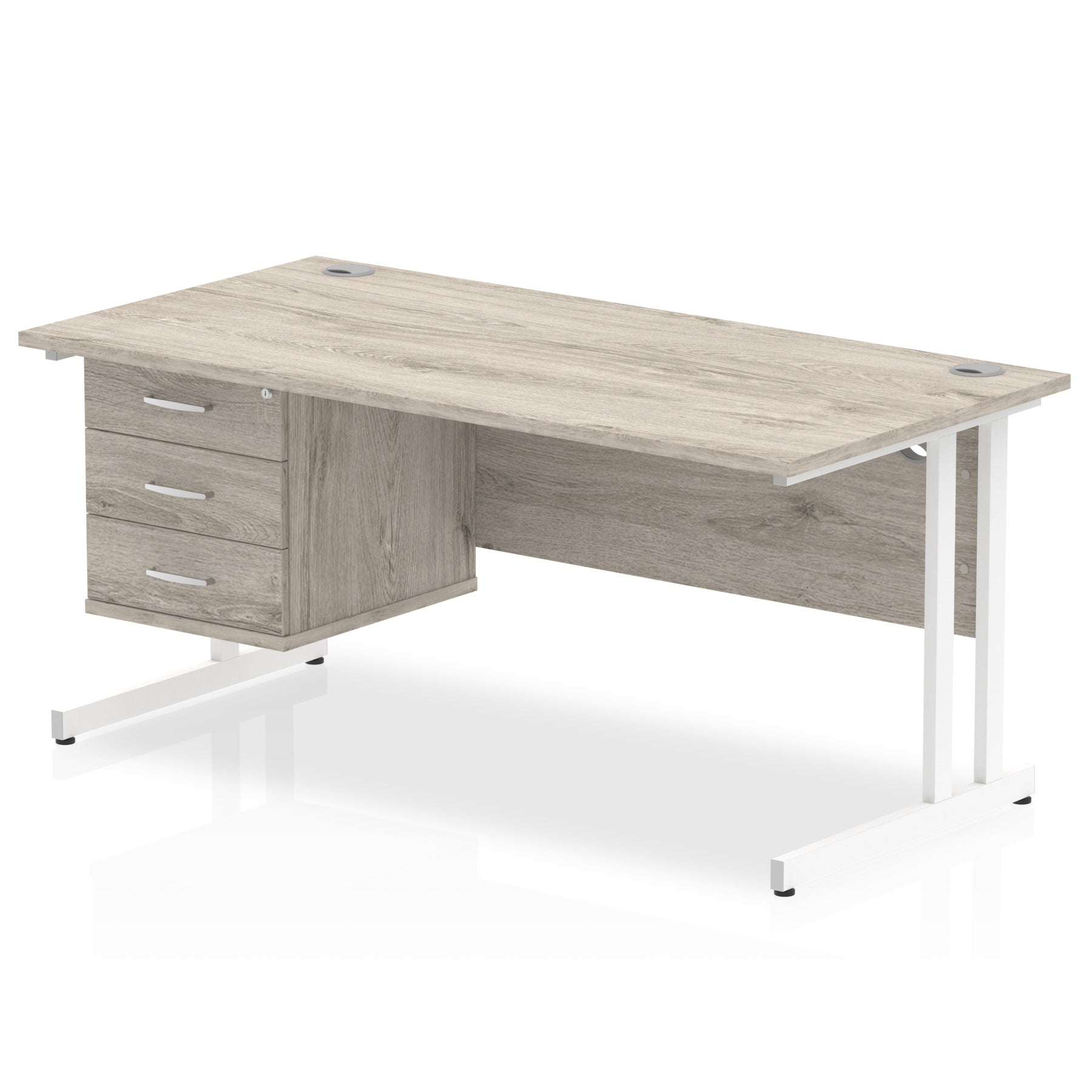 Wood-effect office desk with drawers and metal legs on a white background