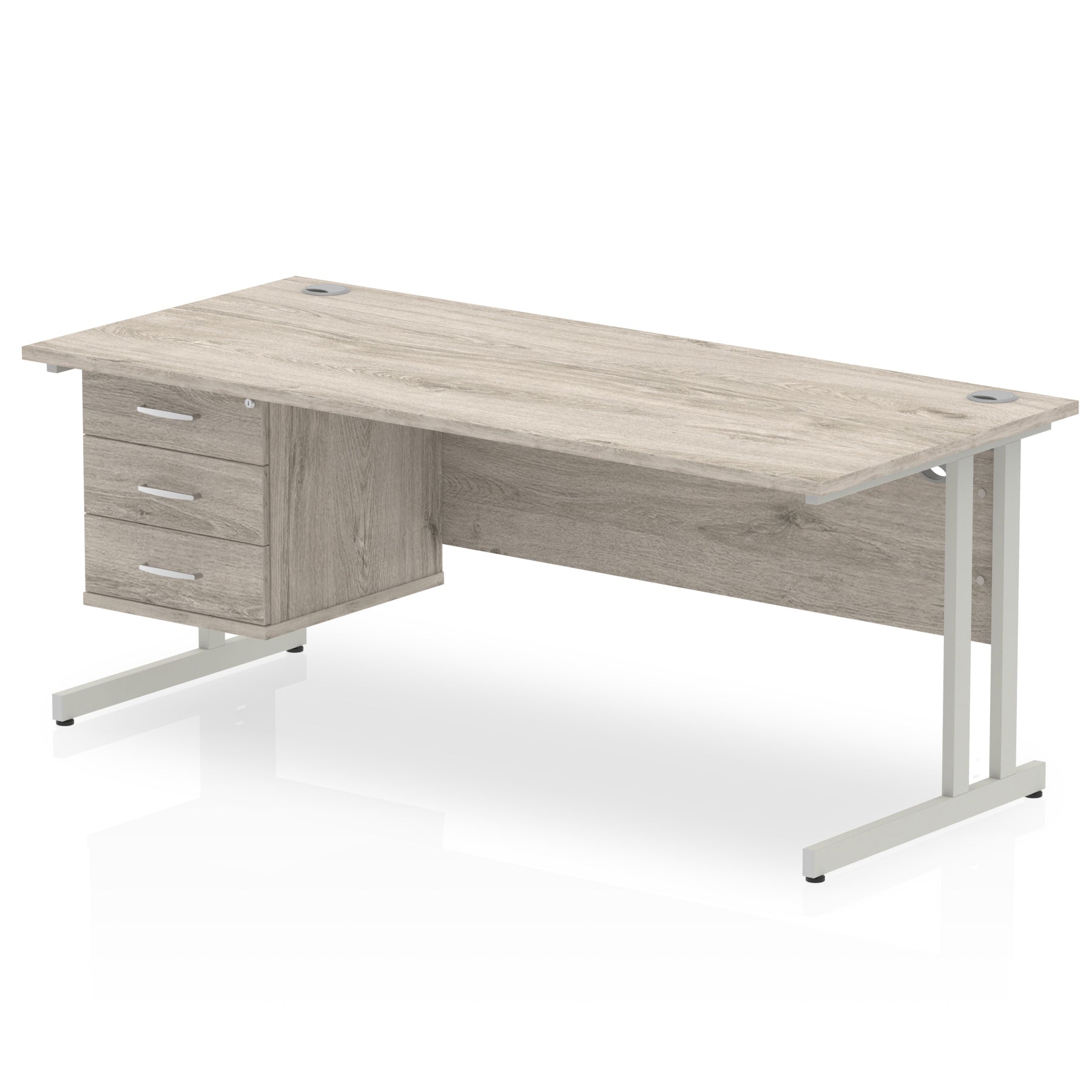 Office desk with grey wood-effect top, matching drawers and metal legs on a white background