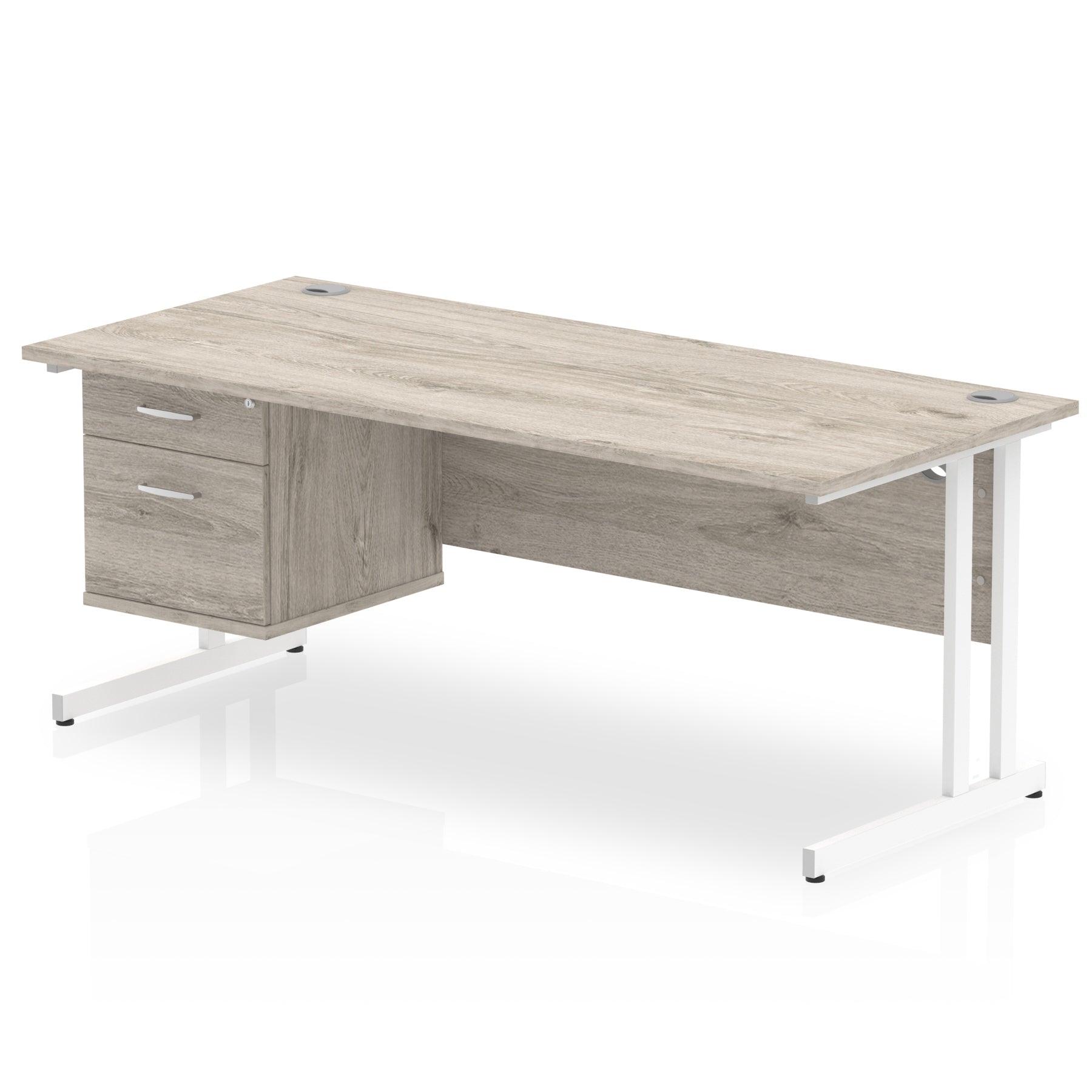 Office desk with grey wood-effect top, matching drawers and metal legs on a white background