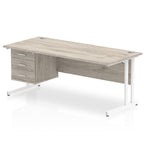 Office desk with grey wood-effect top, matching drawers and metal legs on a white background