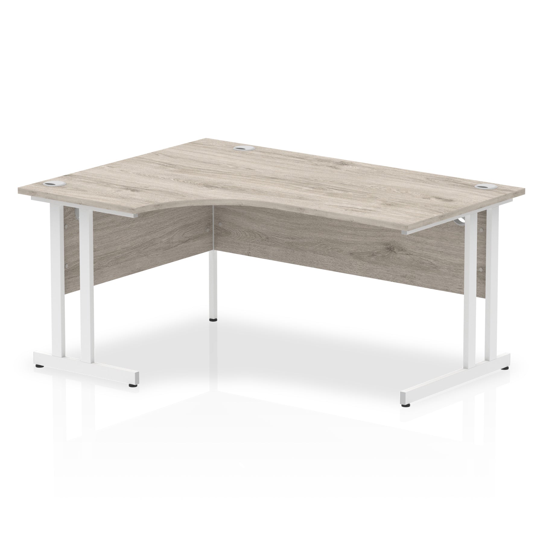  L-shaped desk with wood-effect top and metal legs on a white background