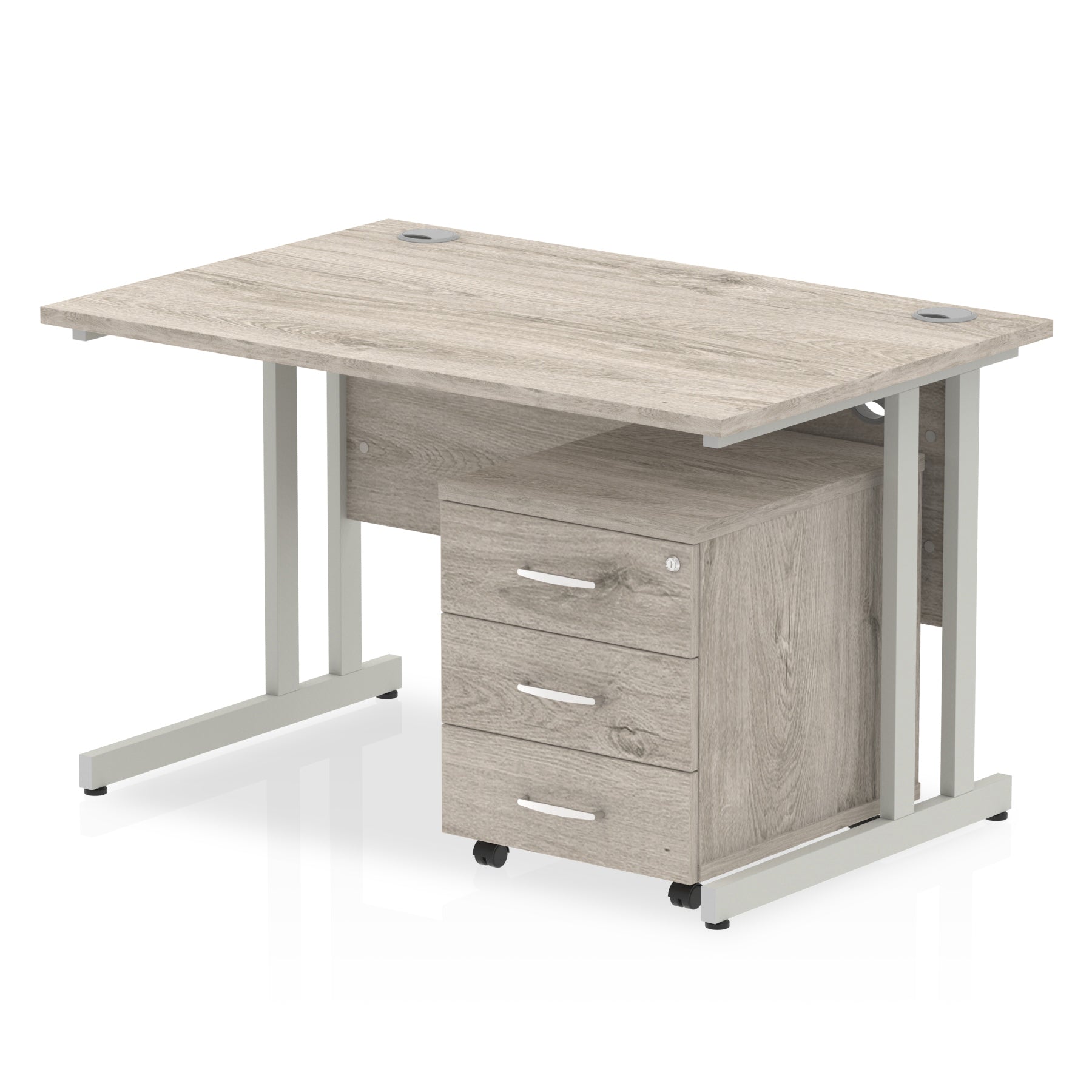 Grey wood-effect office desk with a matching pedestal unit and a metal frame on a white background