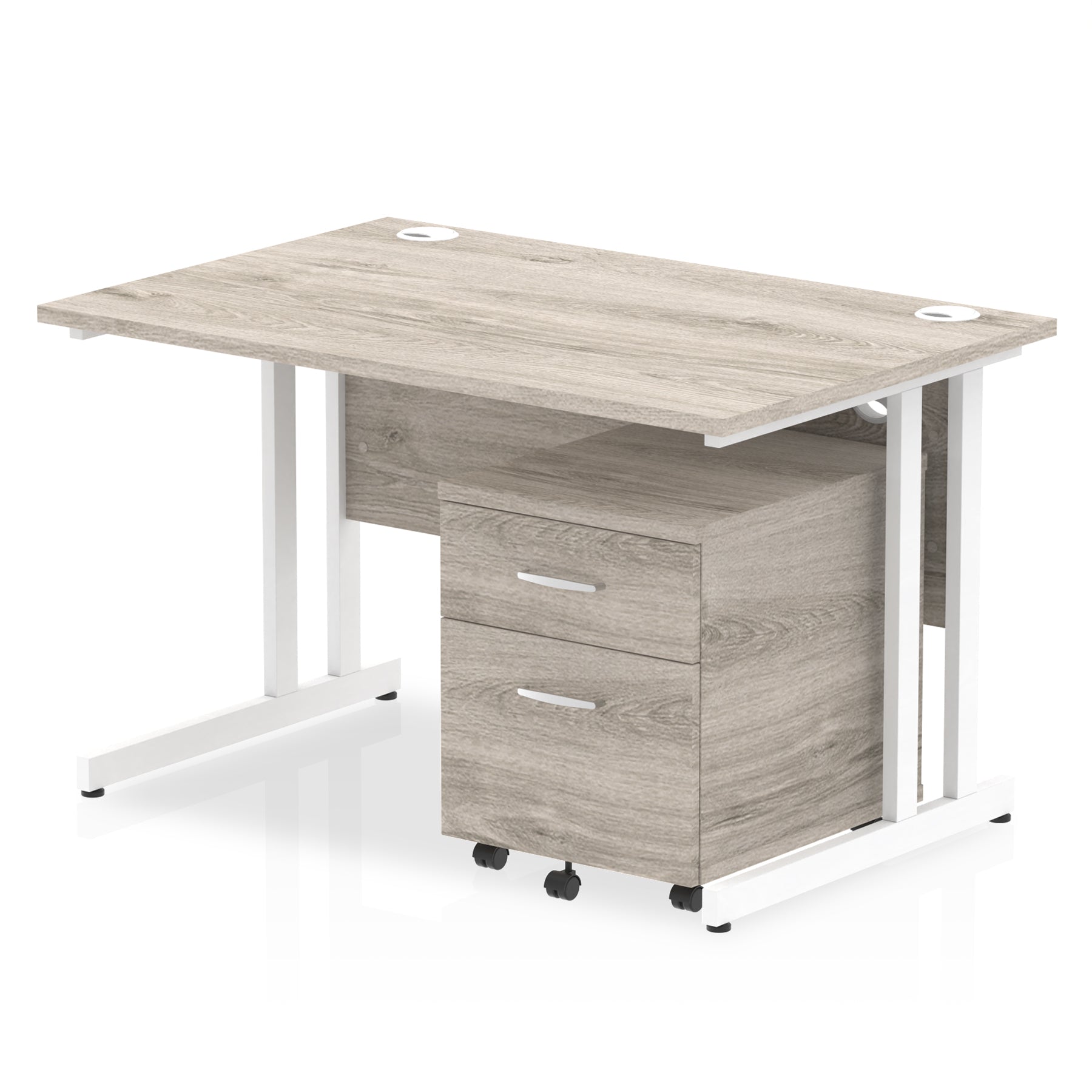 Grey wood-effect office desk with a matching pedestal unit and a metal frame on a white background