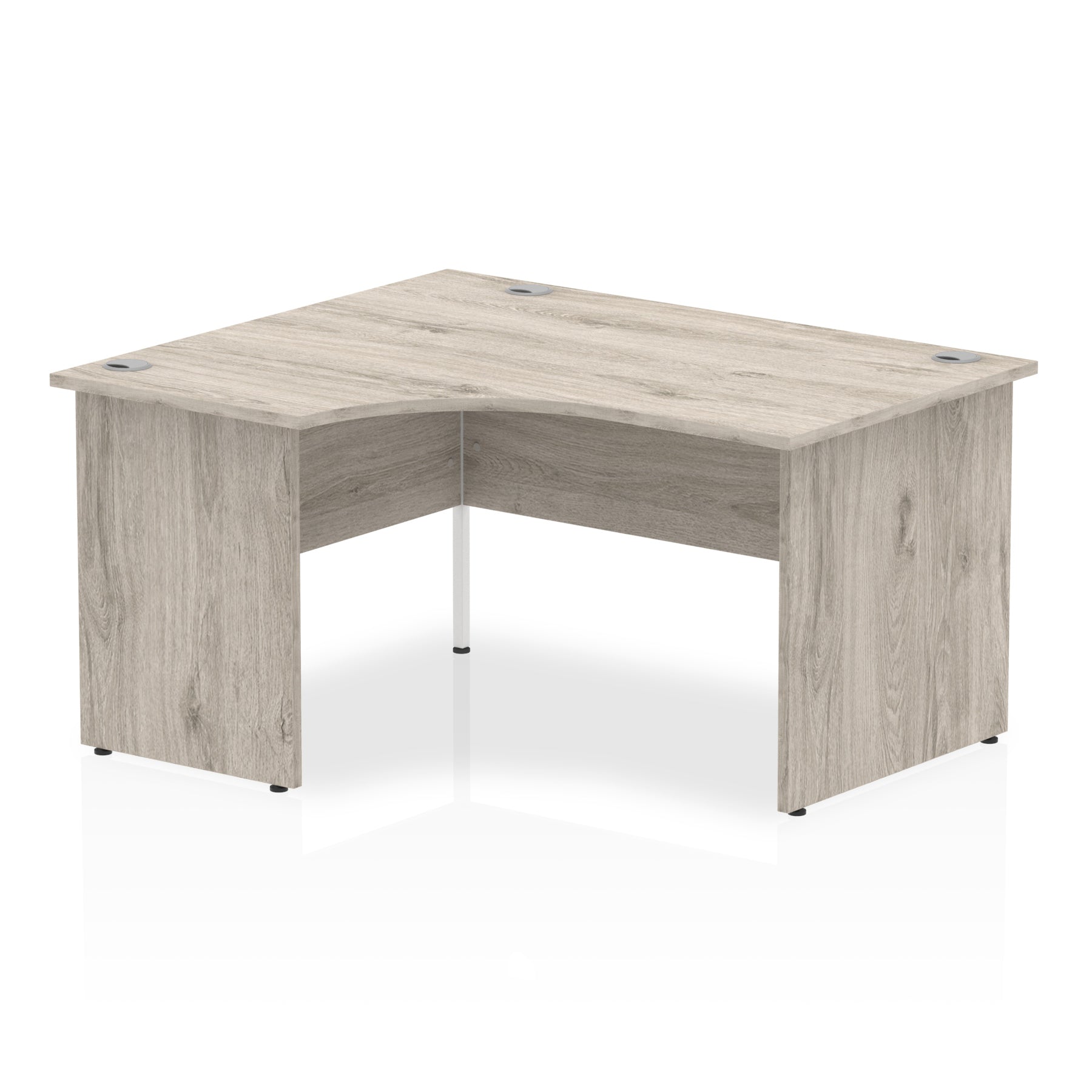 Grey wood-effect L-shaped desk on a white background