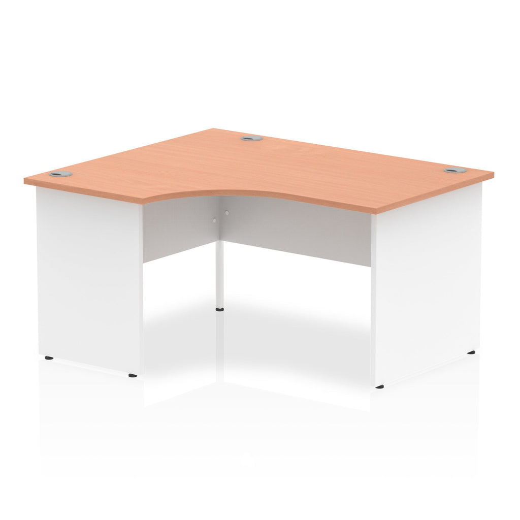 Corner office desk with wood-effect top and white frame on a white background