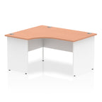 Corner office desk with wood-effect top and white frame on a white background