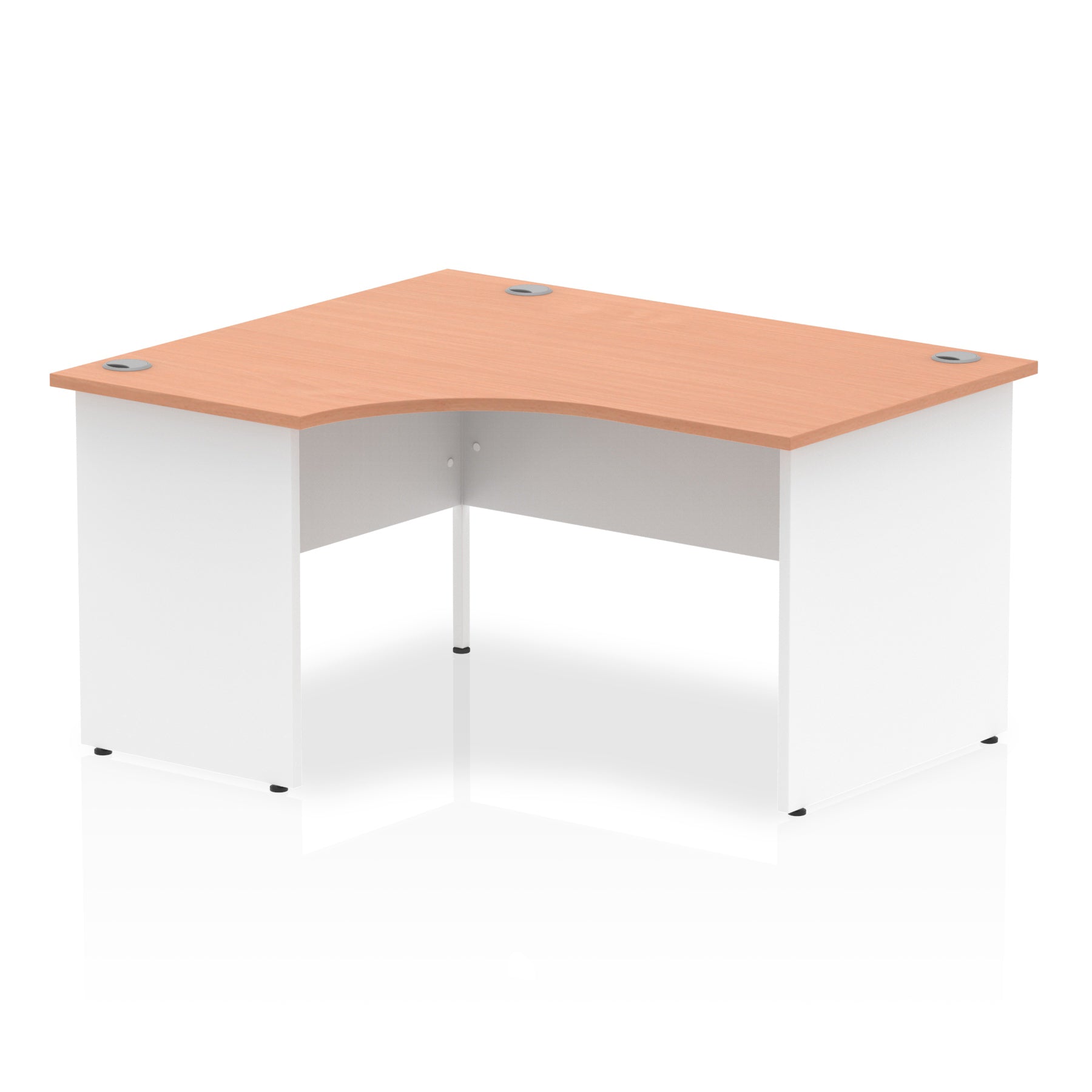 Corner office desk with wood-effect top and white frame on a white background