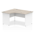 Corner office desk with wood-effect top and white frame on a white background