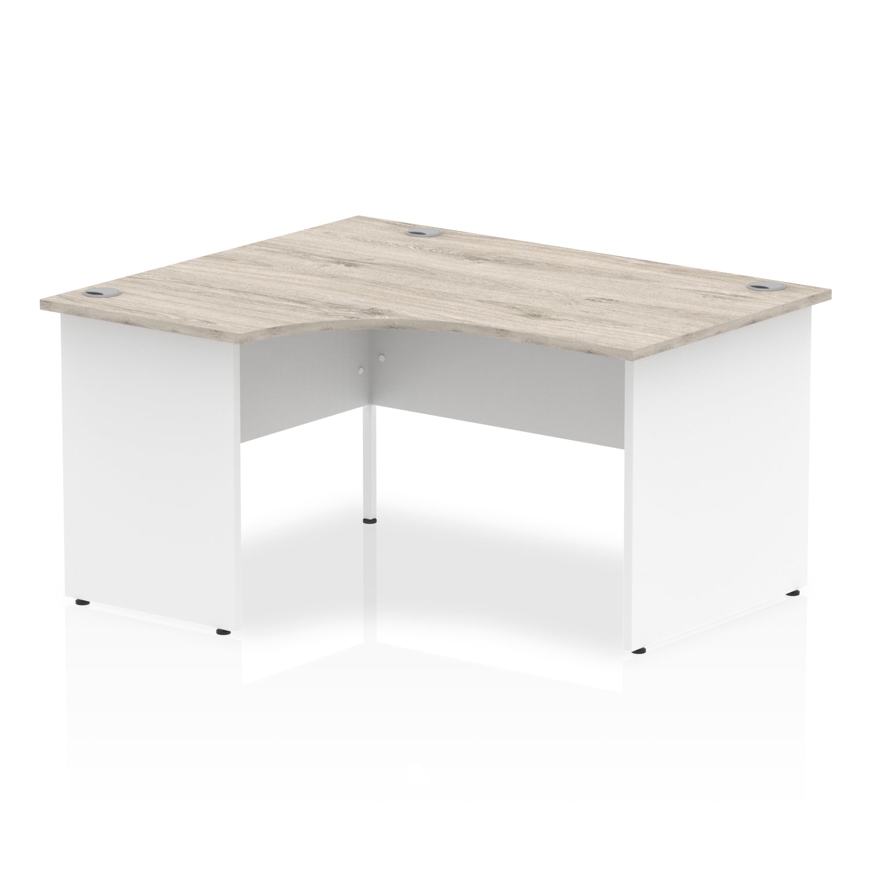 Corner office desk with wood-effect top and white frame on a white background