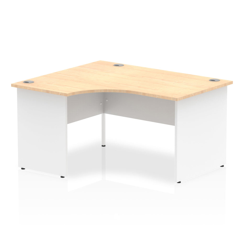 Corner office desk with wood-effect top and white frame on a white background