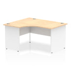 Corner office desk with wood-effect top and white frame on a white background