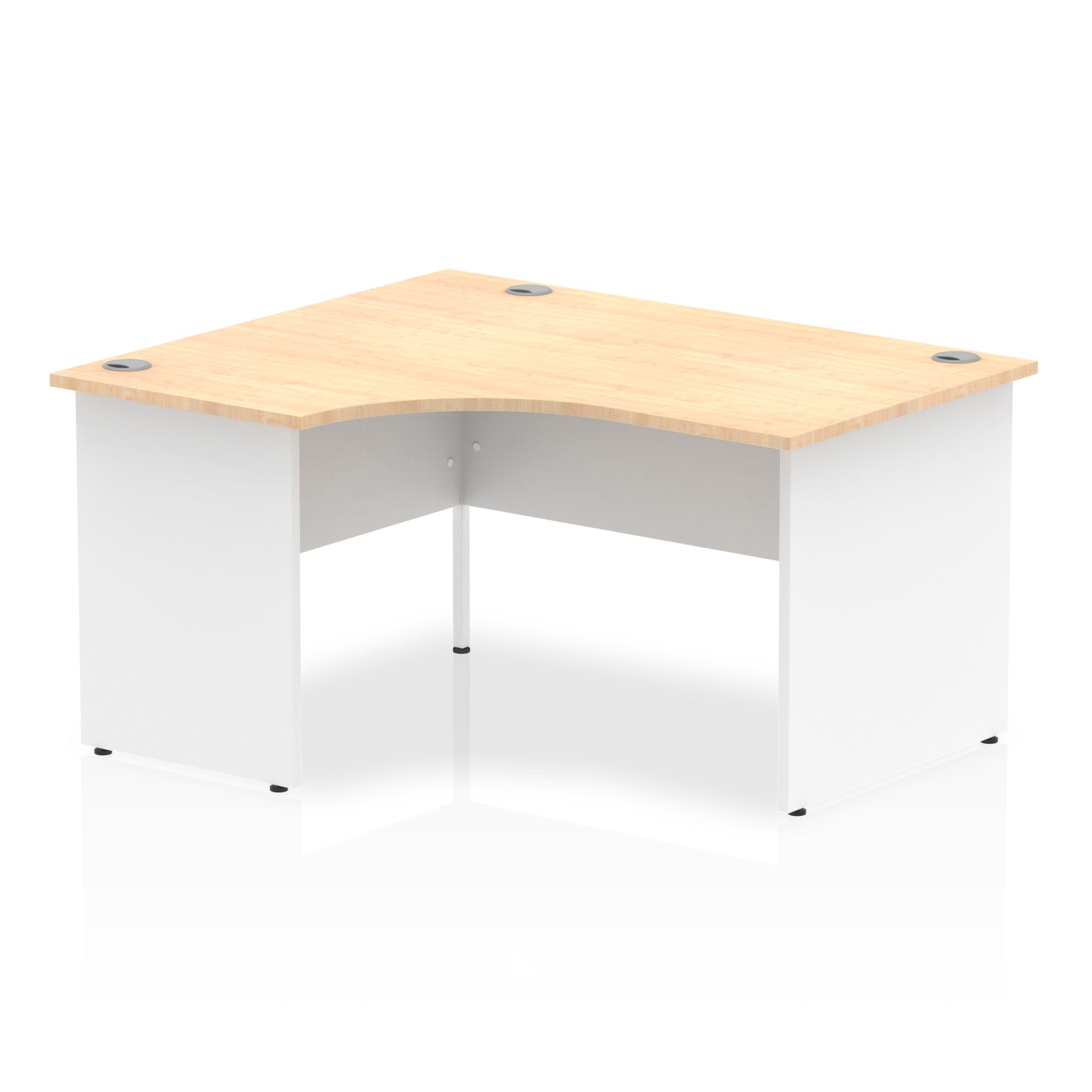 Corner office desk with wood-effect top and white frame on a white background