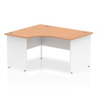Corner office desk with wood-effect top and white frame on a white background