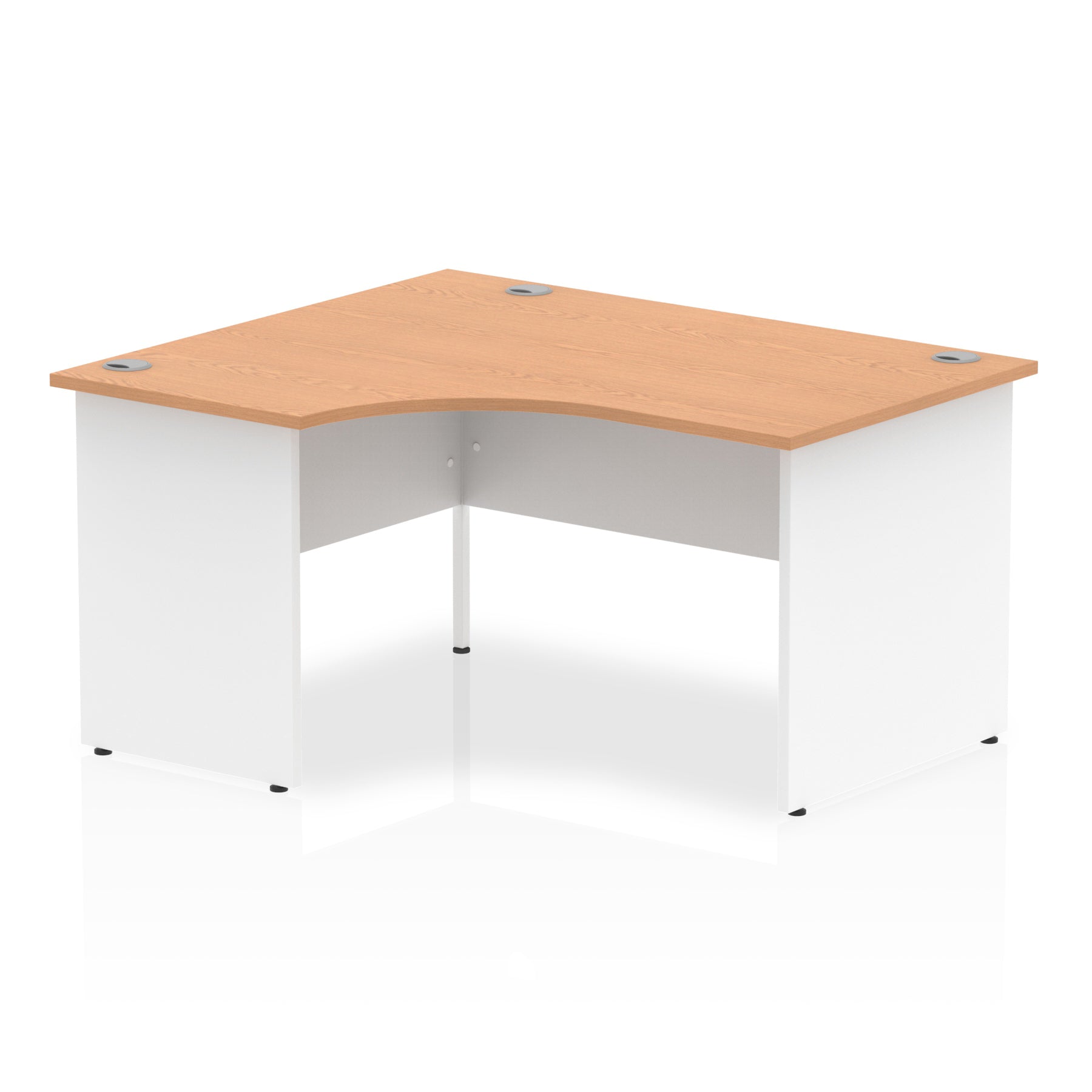 Corner office desk with wood-effect top and white frame on a white background