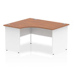 Corner office desk with wood-effect top and white frame on a white background