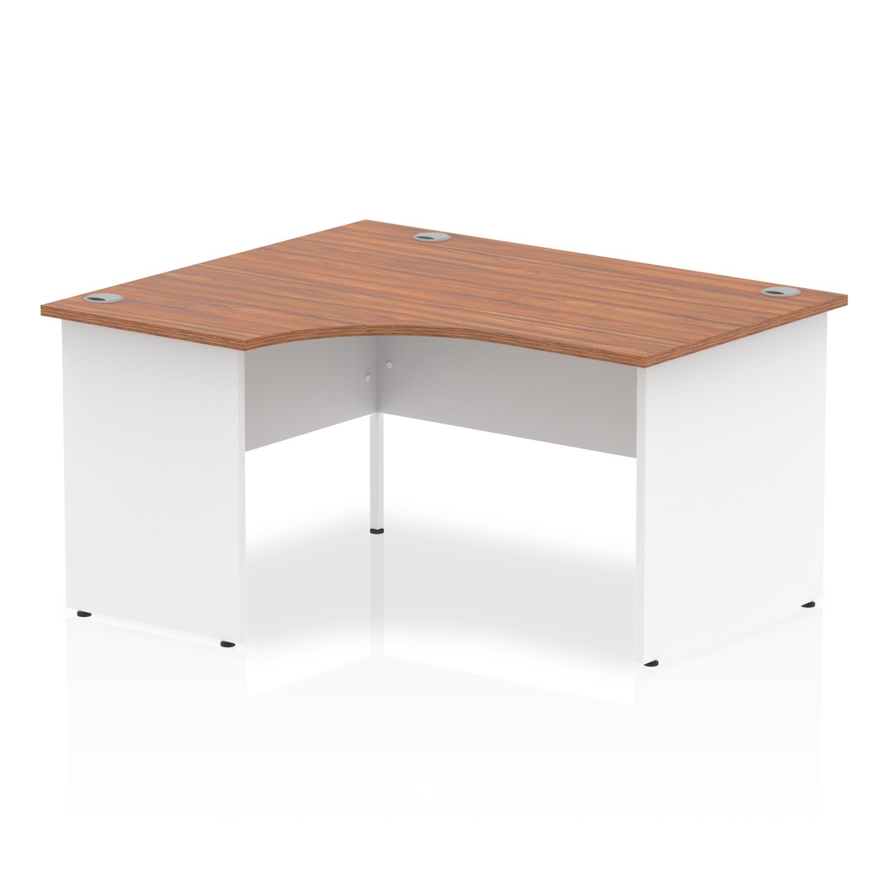 Corner office desk with wood-effect top and white frame on a white background