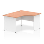 Corner office desk with wood-effect top and white frame on a white background