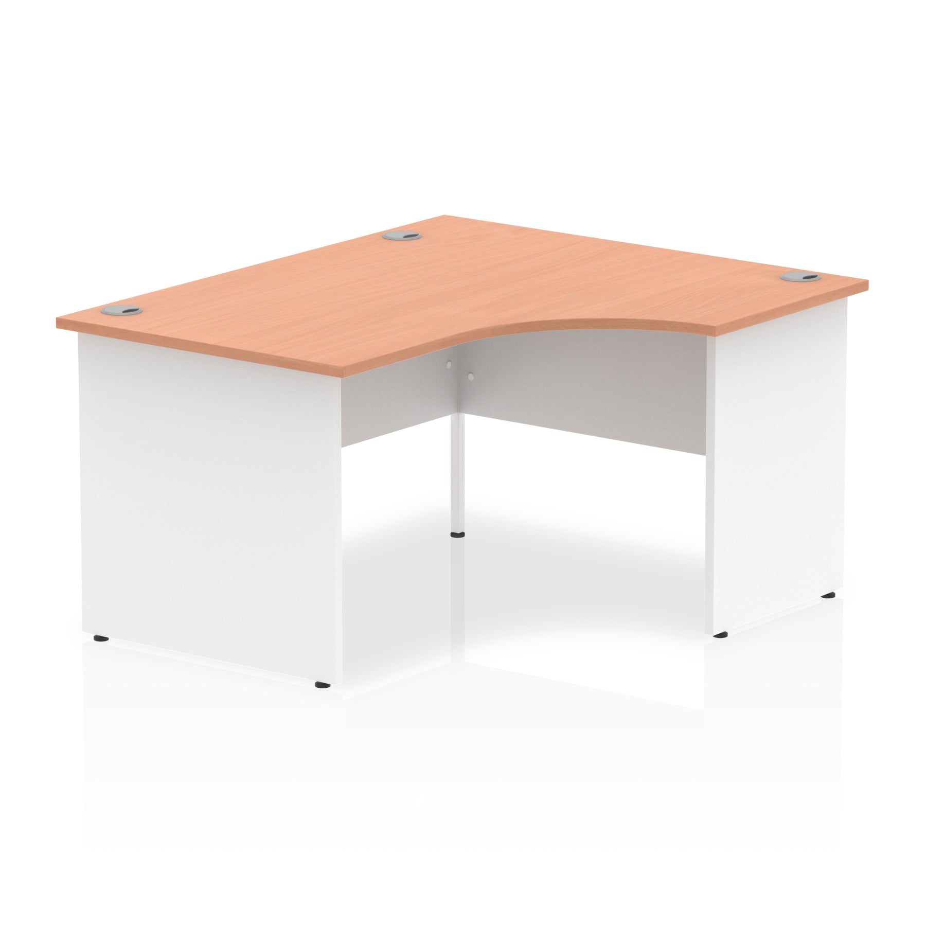 Corner office desk with wood-effect top and white frame on a white background