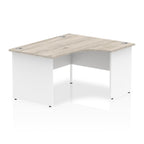 Corner office desk with wood-effect top and white frame on a white background