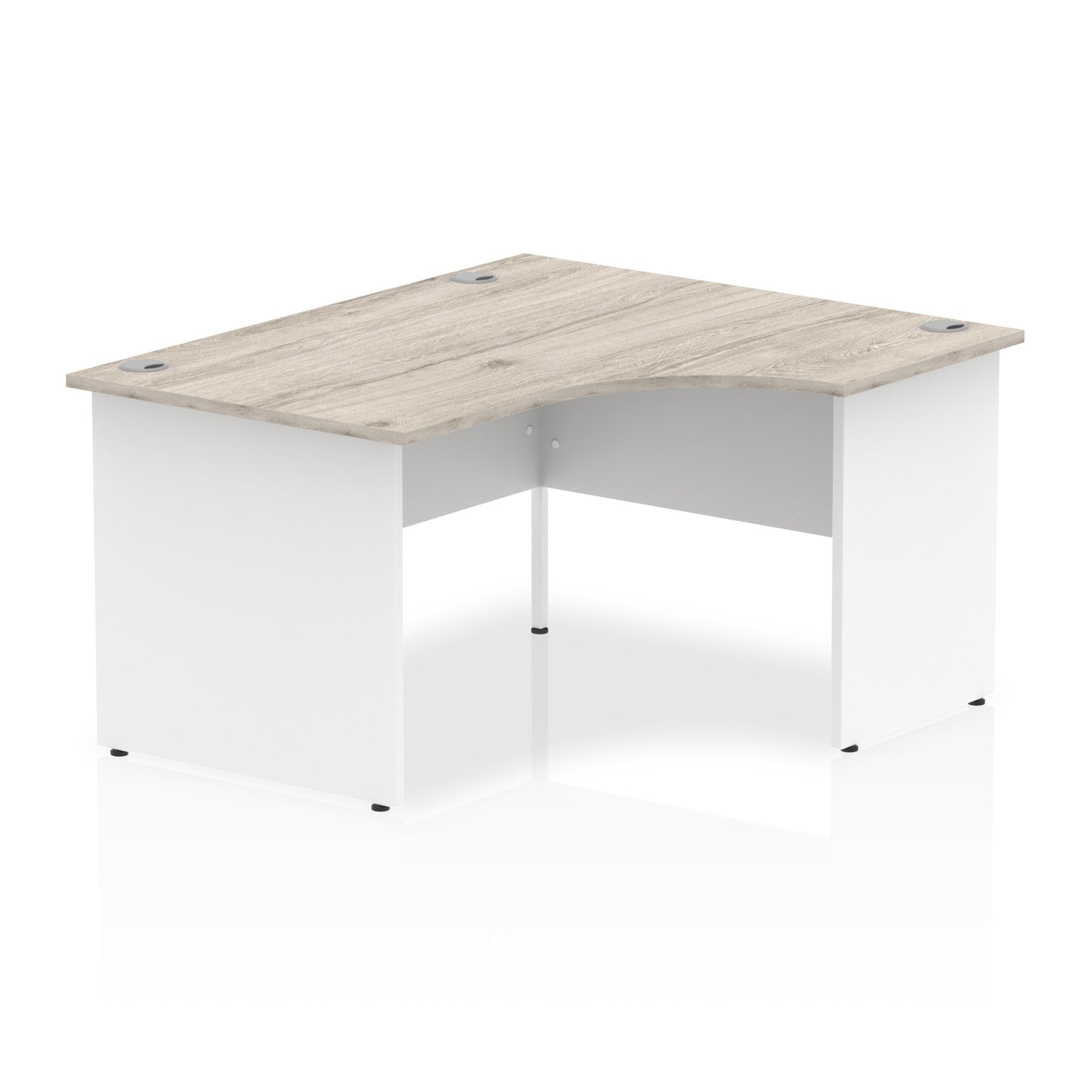 Corner office desk with wood-effect top and white frame on a white background