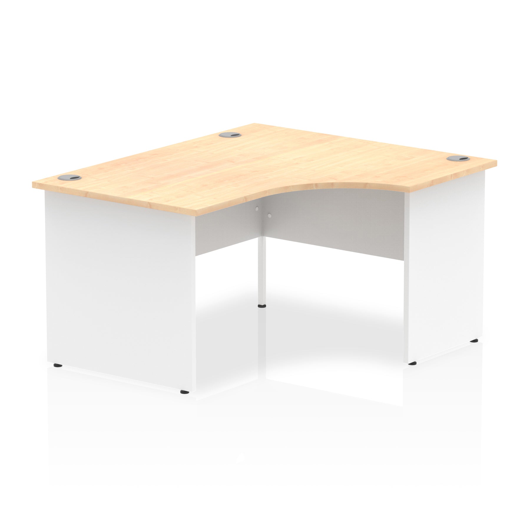 Corner office desk with wood-effect top and white frame on a white background