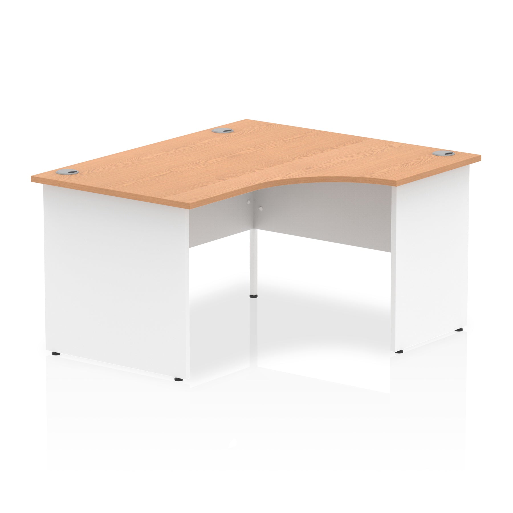 Corner office desk with wood-effect top and white frame on a white background