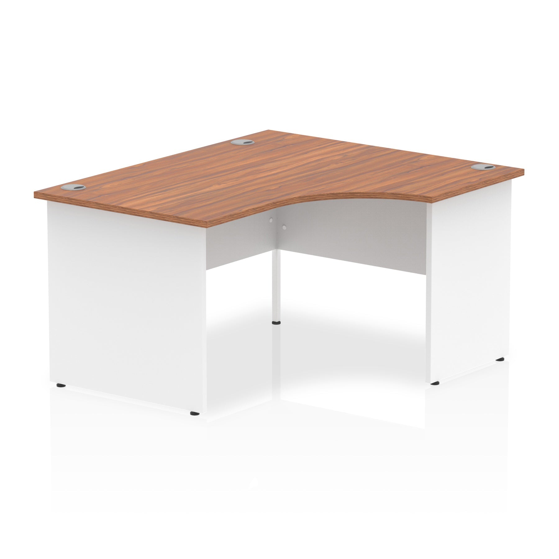 Corner office desk with wood-effect top and white frame on a white background