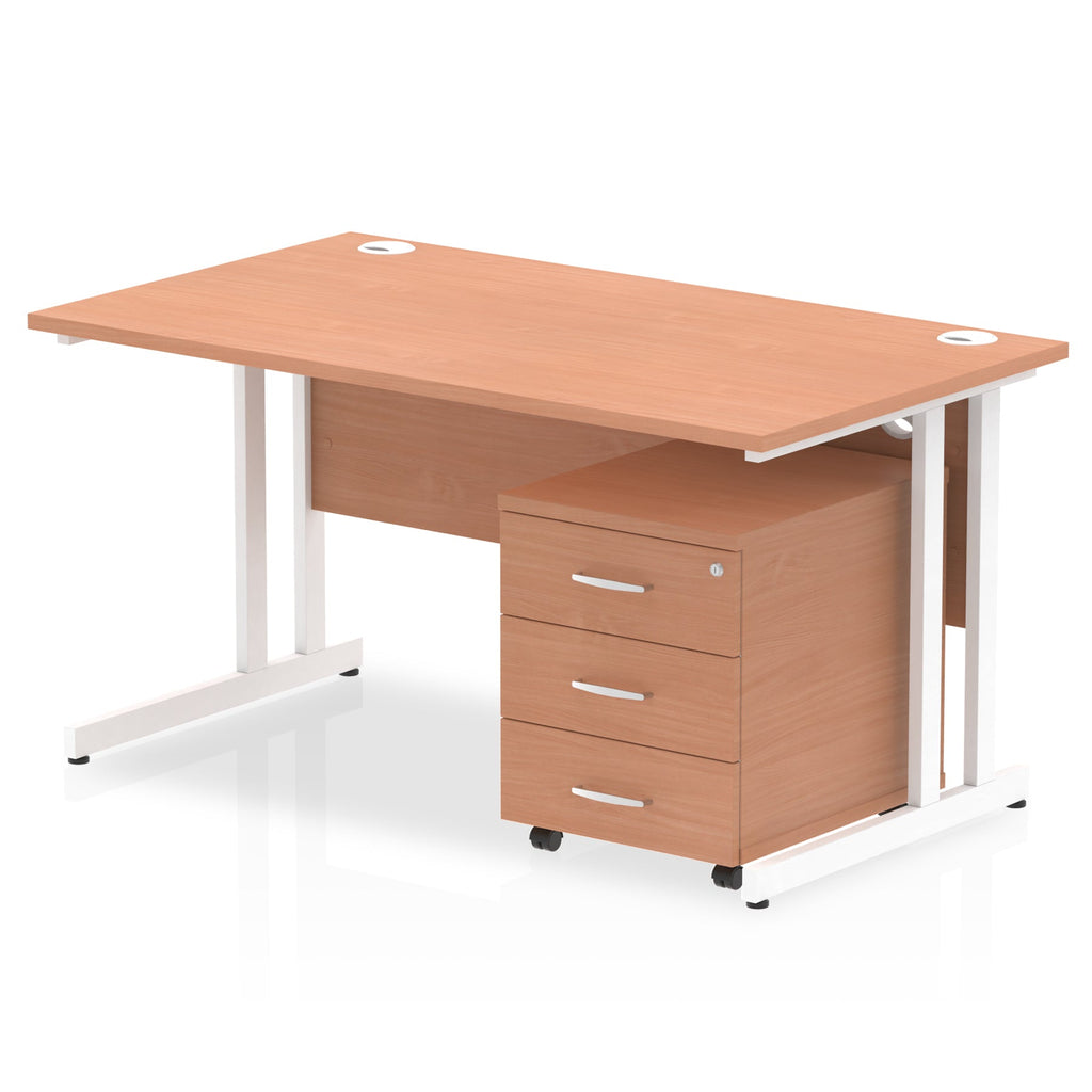 Wood-effect office desk with a matching pedestal unit and a metal frame on a white background