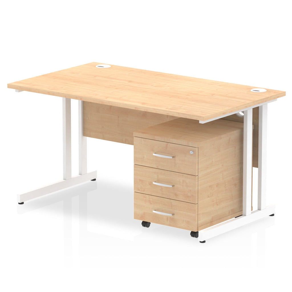 Wood-effect office desk with a matching pedestal unit and a metal frame on a white background